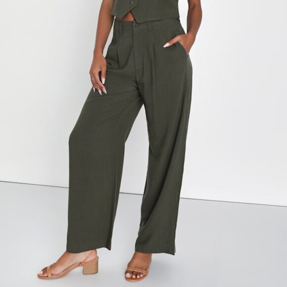 Lulus Suits You Perfectly Olive Green Linen Wide-leg Pants - Size XL - Picture 1 of 9